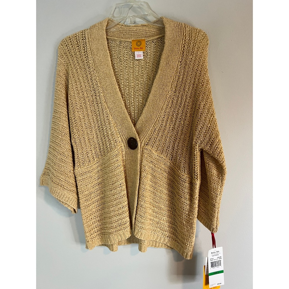 Ruby Rd Womens Sand Knit Picking Cardigan Sweater Beige Size L 58460 NWT